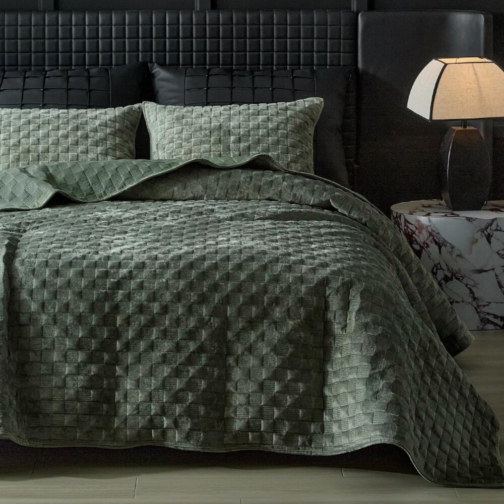 Velvet Quilt Set Green Textured Basketweave Coverlet Luxury Sage Olive Quiet Lux